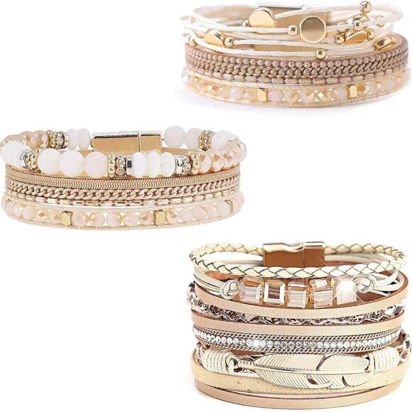 Jewelry - Leather Wrap Bracelet Set 3Pack Multilayer Magnetic Clasp Women's Cuff Jewelry